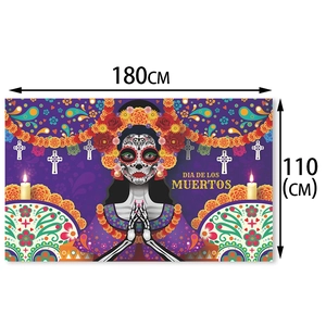 Mexican Day of the Dead backdrop with Catrina design and marigold flowers, 180x110cm
