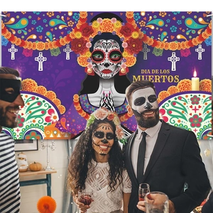 Dia de los Muertos party backdrop featuring colorful Catrina skull and marigold designs