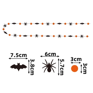 Halloween hanging garland with black bats, spiders, and orange dots showing dimensions