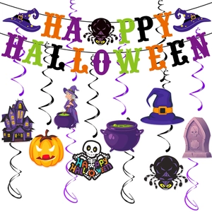 Décoration fête Halloween avec bannière Happy Halloween et suspensions spirales citrouille