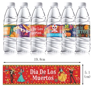 Mexican Day of the Dead water bottle labels with colorful skull and marigold designs
