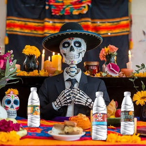 Mexican Day of the Dead water bottle labels with vibrant skull patterns and festive art