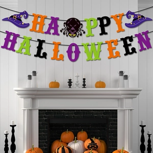 Banderole Happy Halloween avec motifs araignée et chapeau de sorcière pour fête