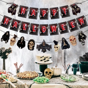 Halloween party decoration banners with Happy Halloween and Welcome to Hell spooky motifs
