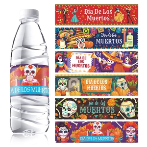 Day Of The Dead Water Bottle Labels Mexican Party Decorations Sugar Skull Marigold Waterproof Adhesive Stickers For Bottles Decoration