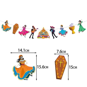 Dimensions détaillées de la bannière Jour des Morts avec danseurs squelettes et icônes