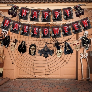 Halloween party decoration set with HAPPY HALLOWEEN banner and grim reaper hanging props