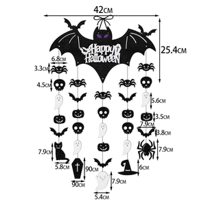 Detailed dimensions of Halloween bat door hanging with spider and pumpkin charms