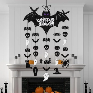 Glittery Happy Halloween bat hanging set with ghost pumpkin spider icons on white fireplace
