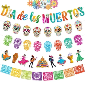 Mexican Day Of The Dead Party Banner Dia De Los Muertos Sugar Skull Garland Colorful Paper Papel Picado Home Decor