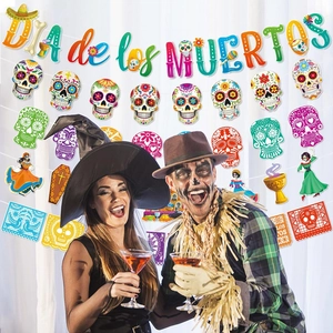 Colorful Mexican Day of the Dead Dia de los Muertos party banner with sugar skull decor