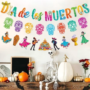 Colorful Dia de los Muertos banner set with sugar skulls for party wall decoration