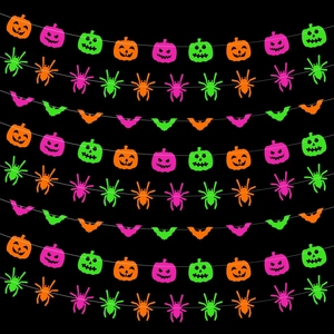 Halloween Garland Neon Fluorescent Cardboard Pumpkin Bat Spider Shapes Party Decoration Indoor Hanging Ornament