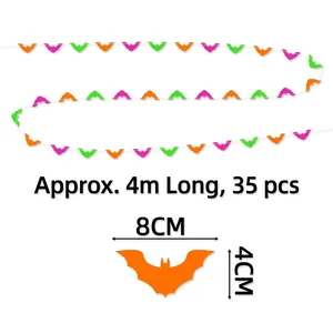 Detail of 4m Halloween banner featuring 35 colorful paper bats in orange, purple and green