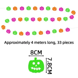 Halloween pumpkin garland detail showing 4m length and 33 colorful paper cutouts