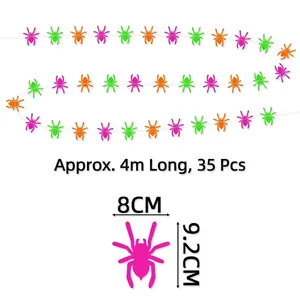 Colorful Halloween spider garland decoration, 4m length with 35 neon multi-colored pieces