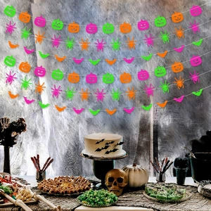 Neon Halloween banner with fluorescent bat, pumpkin, and spider shapes for party decor