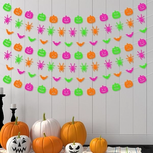 Halloween party bunting banner with neon green bats, orange pumpkins and purple spiders