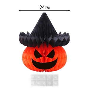 Close-up of a 24cm Halloween pumpkin honeycomb hanging decor with a wizard hat