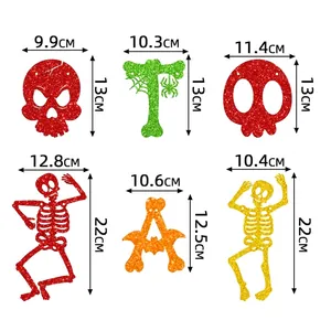 Halloween decorative banner set size chart with skull, bat and spider web dimensions