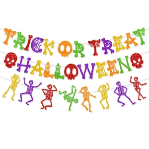 Colorful glitter Halloween banner with Trick or Treat letters and skeleton figures on white