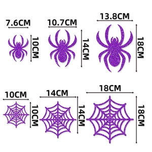 Sizing details of purple glitter spider and web wall decals for Halloween party decor