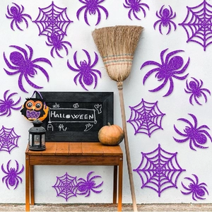 Purple Glitter Halloween Spider And Spider Web Wall Stickers Horror Party DIY Decoration Set For Window Home Ornament