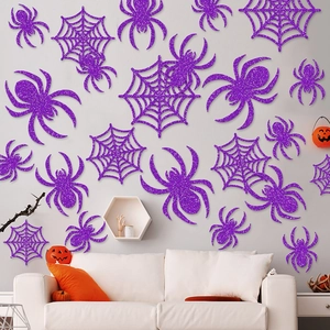 Halloween purple glitter spider wall stickers and web decor set for party indoor display