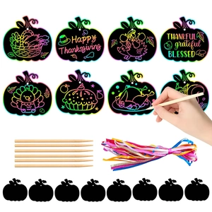 Pumpkin Scratch Art Kit Rainbow Scratch Paper Wood Pens Ribbons Thanksgiving Autumn Harvest Party Decor DIY Crafts Kids