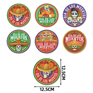 Set of 7 Day of the Dead cork coasters with colorful skull designs and 12.5cm diameter