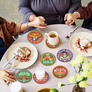 Set of Day of the Dead cork coasters with colorful sugar skull and sombrero designs