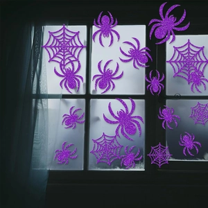 Halloween purple glitter spider window clings and webs for festive wall party decoration