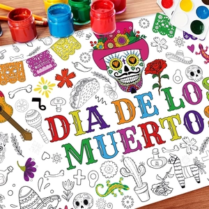Dia de los Muertos coloring poster with sugar skulls and traditional Mexican folk art