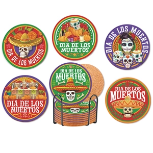 Mexican Day of the Dead Cork Coasters Sugar Skull Sombrero Pattern Table Decoration For Party Home Kitchen Festive Decor