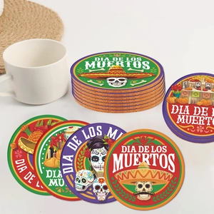 Dia de los Muertos cork coasters featuring colorful sugar skull and festive skull designs
