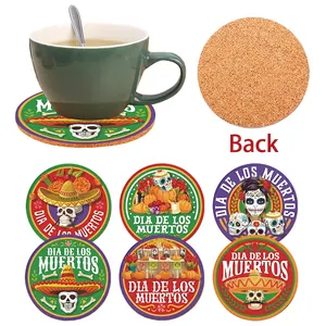 6-piece Mexican Day of the Dead cork coaster set with colorful sugar skull designs