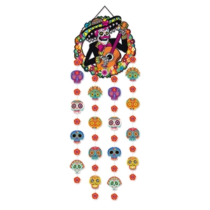 Suspension de porte Jour des Morts avec squelette Mariachi coloré et pendentifs fleurs