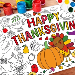 DIY Happy Thanksgiving coloring poster for kids with turkeys and pumpkins on a wood table