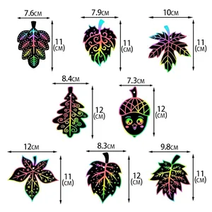 Size guide for Thanksgiving DIY rainbow scratch art autumn leaf and acorn paper cutouts