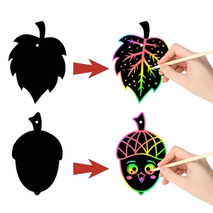 Thanksgiving DIY scratch art set with autumn leaves and acorns in rainbow colors