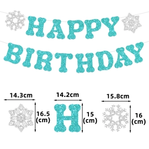 Winter Happy Birthday banner showing blue glitter letters and silver snowflake dimensions