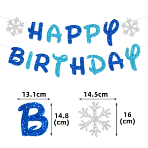 Detail of Happy Birthday banner with blue glitter letters and silver snowflake accents