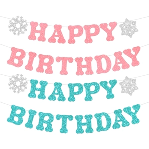 Detailed glittery Happy Birthday banners in pink and blue with silver snowflakes