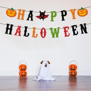 Glittery Happy Halloween banner with pumpkin and bat motifs for party wall decoration