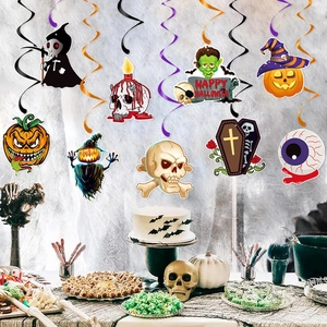 Halloween party decoration set with colorful swirls and spooky cartoon character pendants
