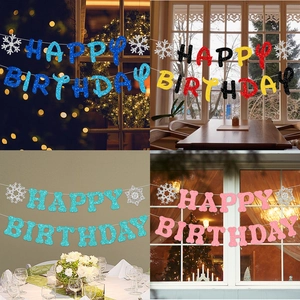 Winter themed Happy Birthday banners with snowflake motifs in four festive color schemes