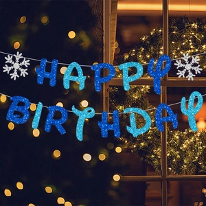 Blue glitter Happy Birthday banner with silver snowflakes for winter party decor