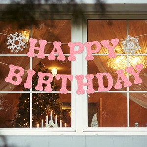 Pink glitter Happy Birthday banner with snowflakes for winter party wall decorations