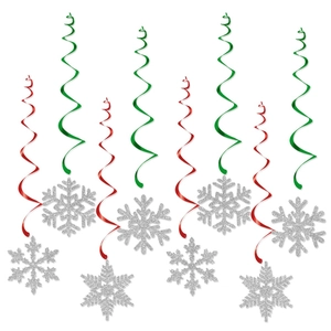 Red and green Christmas spiral ornaments with silver glitter snowflakes on white background
