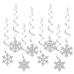Close-up of sparkling silver snowflake pendants with metallic spiral streamers for winter decor